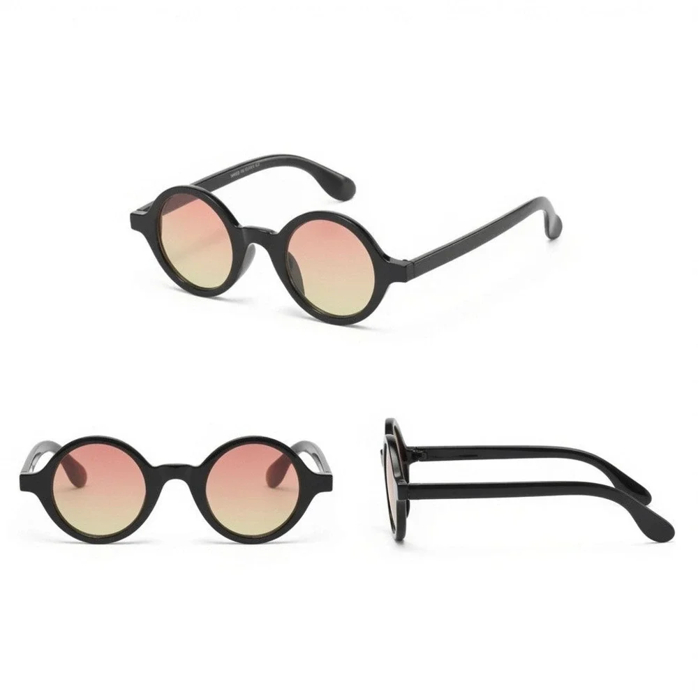 Mens Round Thick Black Frame Sunglasses Sunset Gradient Lens Retro Vintage Style